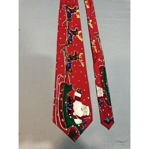VTG Save‎ The Children Men's Red Christmas Tie 100% Silk Santa Claus Sleigh